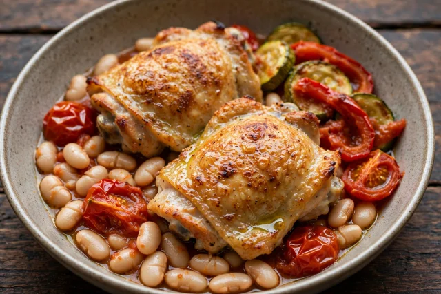 White bean and tomato baked chicken thighs