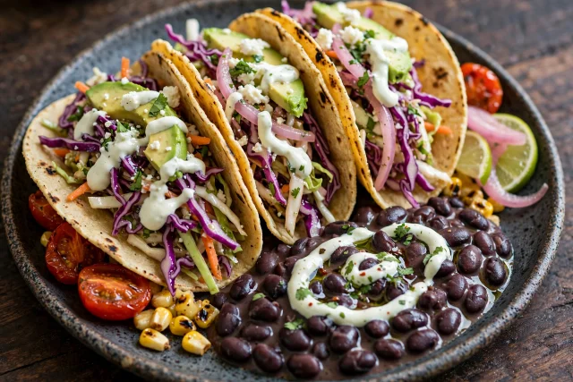 Cabbage slaw tacos with creamy black beans and lime crema