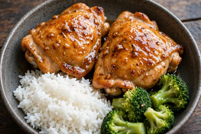 Ginger soy glazed chicken thighs with rice and broccoli