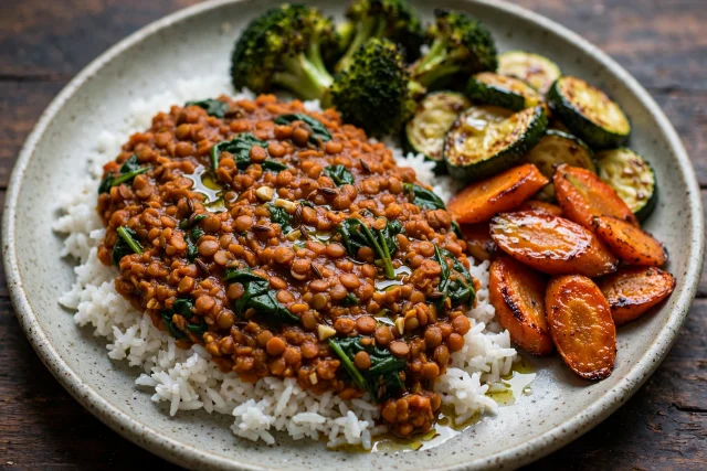 Red lentil dal with spinach served over rice