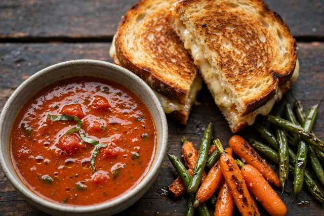 Tomato basil soup with a toasted grilled cheese sandwich