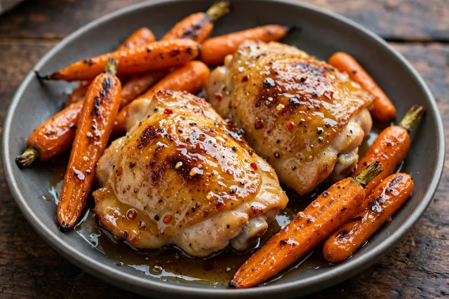 Hot honey glazed chicken thighs with roasted carrots