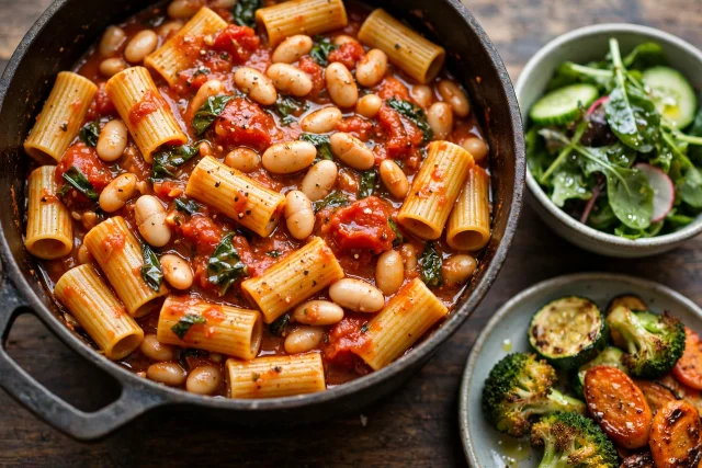 One pot tomato basil pasta with white beans in a deep skillet