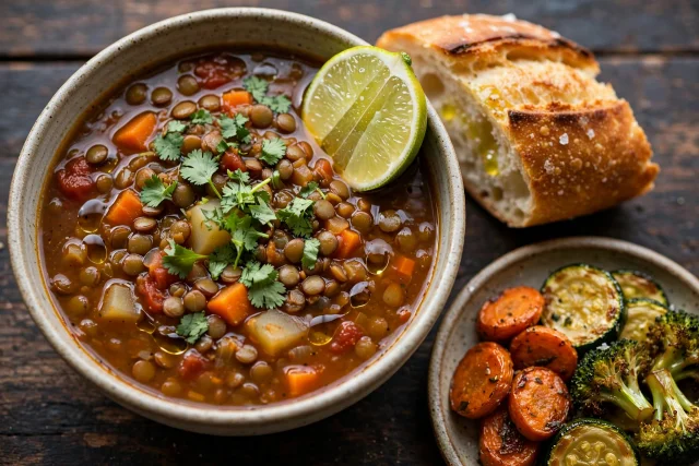 Smoky lentil soup with lime and cilantro in a wide bowl