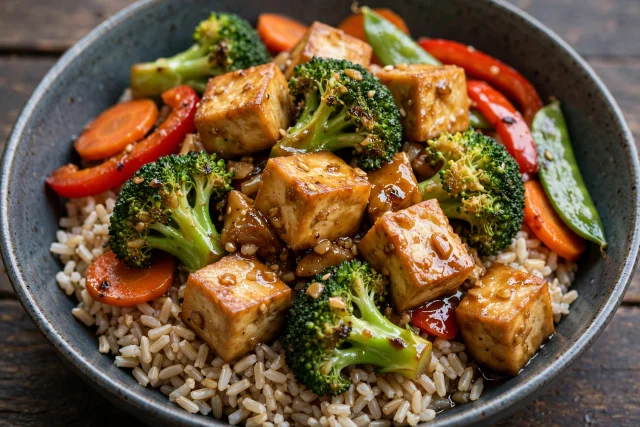 Garlic tofu and broccoli stir fry over brown rice in a bowl