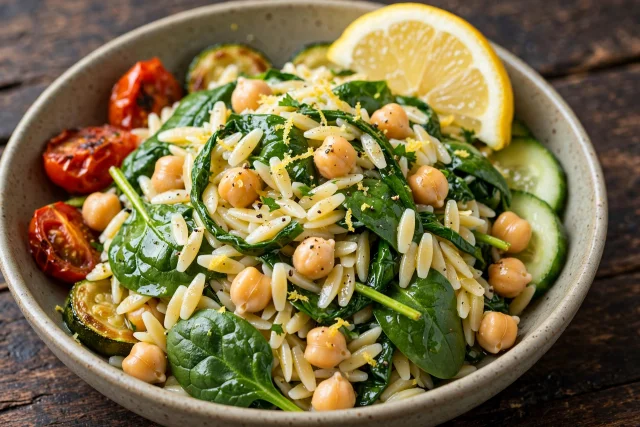 Lemon orzo salad with chickpeas, spinach, and olive oil