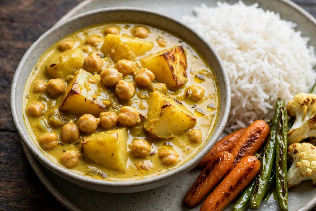 Coconut chickpea and potato curry with basmati rice