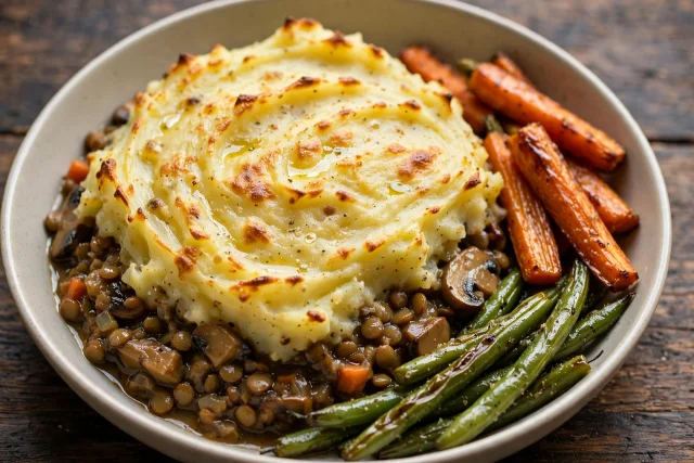Mushroom and lentil shepherd's pie under golden mashed potatoes