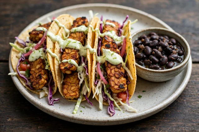 Crispy tempeh and cabbage tacos with lime crema on a plate