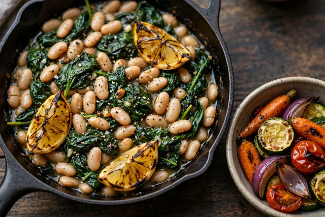 Smoky white bean and spinach skillet with charred lemon wedges