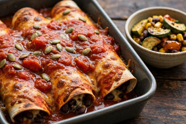 Pumpkin seed and black bean enchiladas under tomato salsa