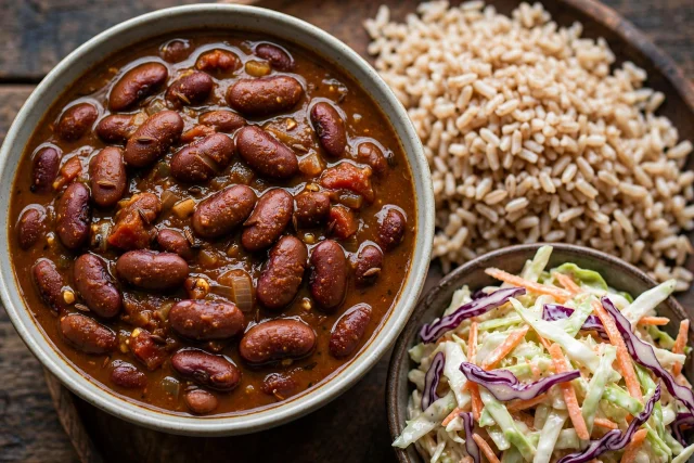 Rajma masala kidney bean curry with brown rice and cabbage slaw