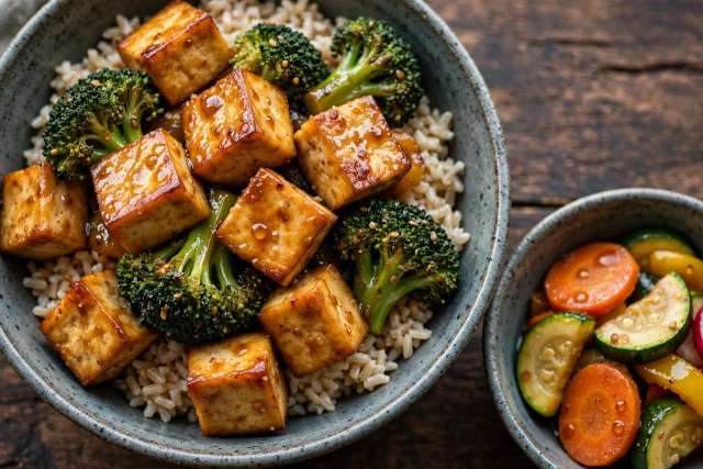 Ginger tofu and broccoli stir fry over brown rice