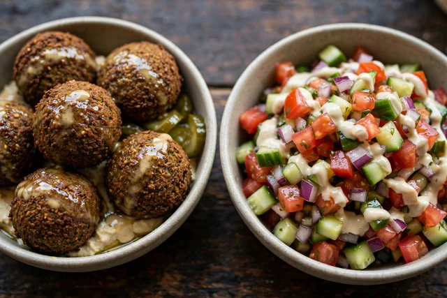 Falafel and Jerusalem salad bowls with tahini drizzle