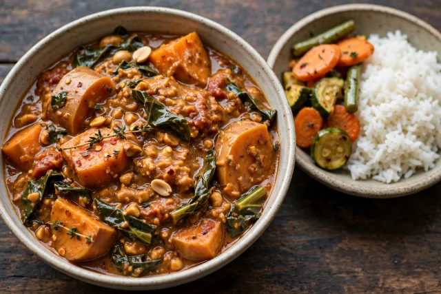 West African peanut and sweet potato stew with collards