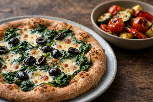 Cast iron spinach and olive pizza with a whole wheat crust