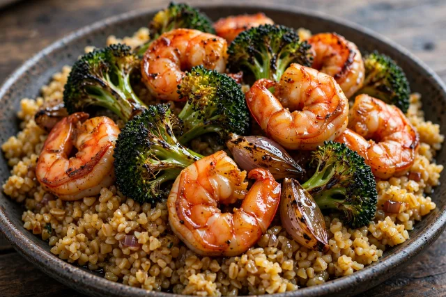Smoked paprika shrimp with charred broccoli and bulgur on a plate