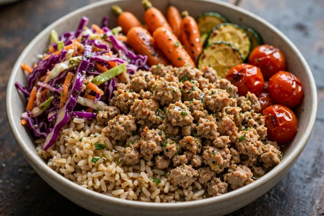Chipotle turkey and brown rice bowl with cabbage slaw