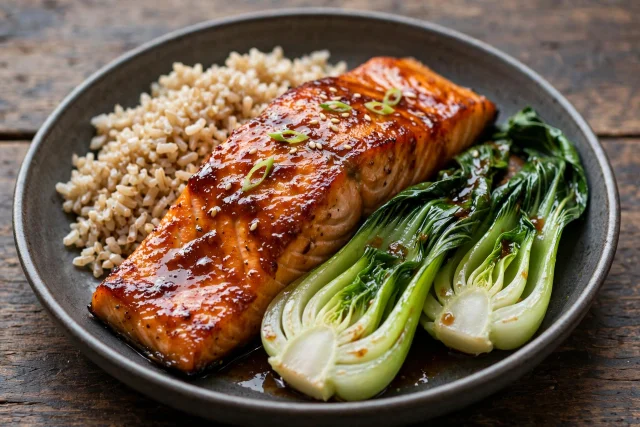 Ginger glazed salmon with baby bok choy over brown rice