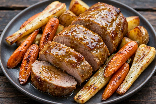 Mustard glazed pork tenderloin with roasted root vegetables