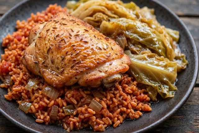 Cumin chicken thighs with tomato rice and braised cabbage in a skillet