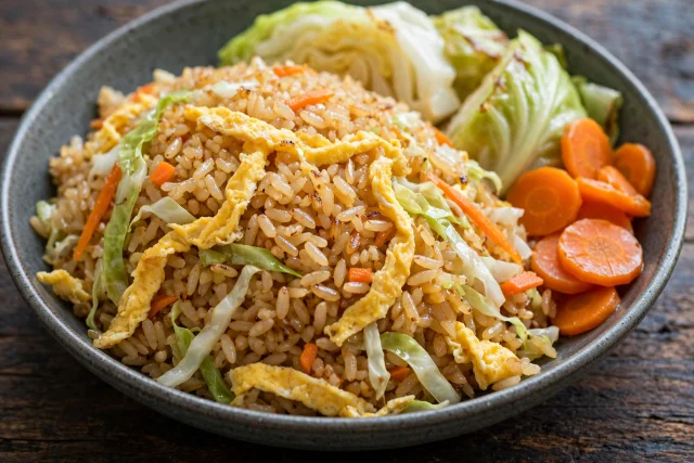 Cabbage and egg fried rice with carrots in a bowl