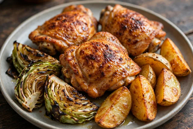 Paprika chicken thighs with roasted potatoes and cabbage wedges