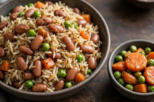 Pinto bean and vegetable pulao with carrots and peas