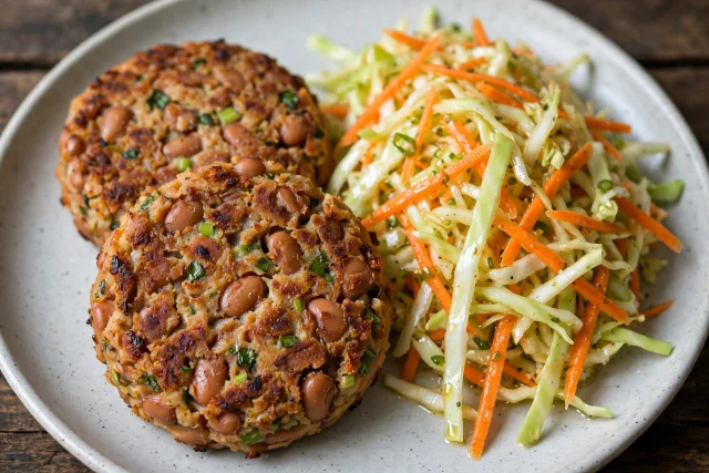 Pinto bean cakes with green cabbage and carrot slaw on a plate