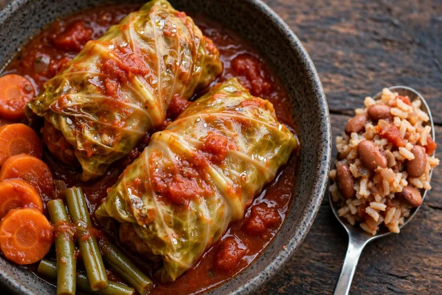 Stuffed cabbage rolls with rice and pinto beans in a baking dish