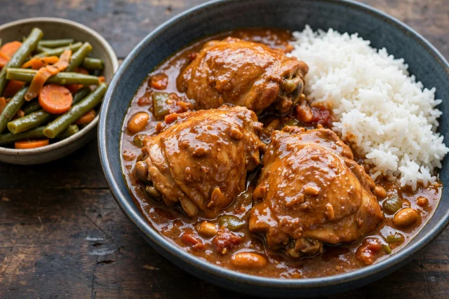 West African peanut chicken stew with rice in a bowl