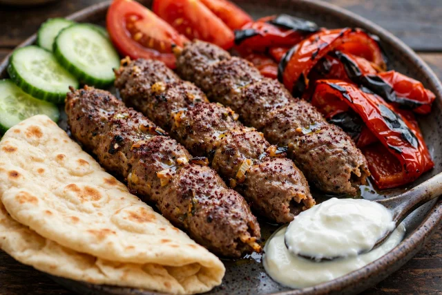 Sumac beef kofta with charred red peppers and flatbread