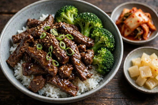 Bulgogi beef rice bowl with broccoli and sesame