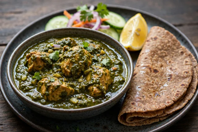 Palak chicken with millet roti and lemon wedges