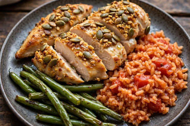 Pumpkin seed crusted chicken with tomato rice