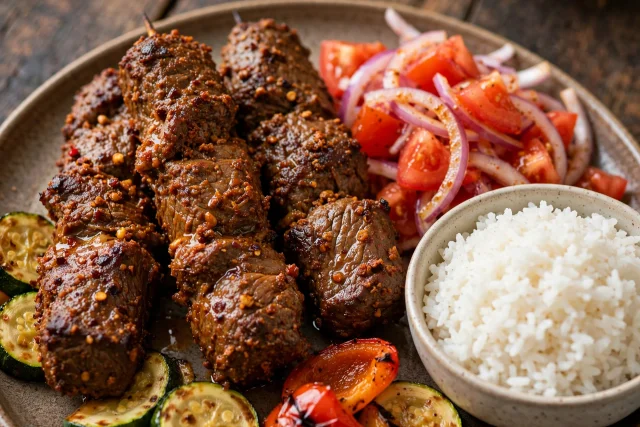 Suya spiced beef skewers with red onion salad
