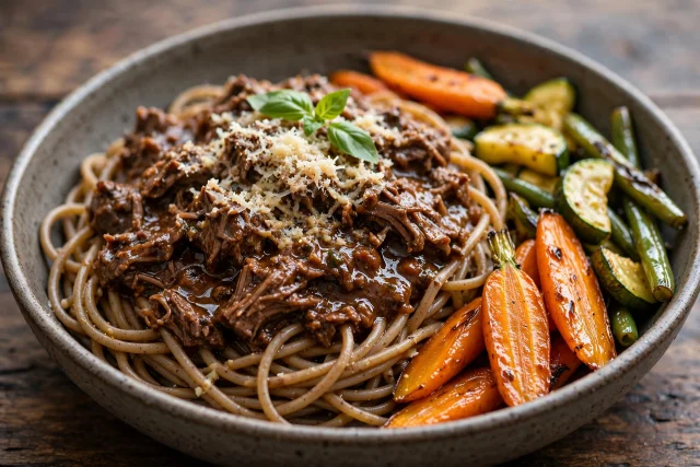 Slow cooked beef ragu over wholewheat pasta