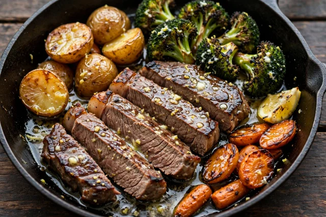 Cast iron steak with broccoli and lemon butter