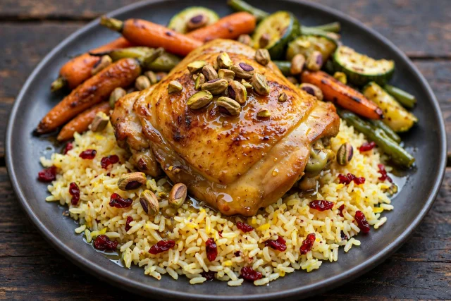 Saffron chicken over barberry rice with pistachios