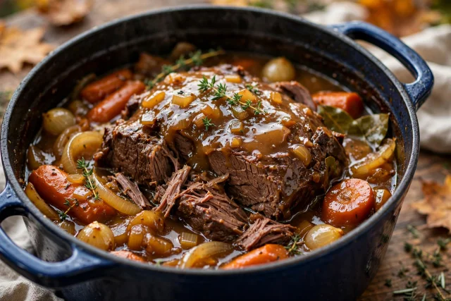 Cider braised pot roast dinner with vegetables