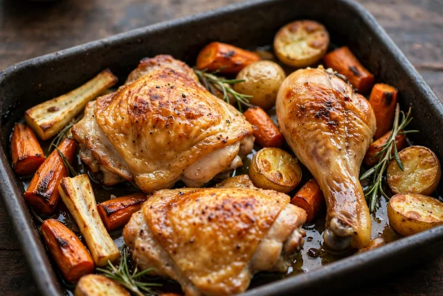 Herb roast chicken dinner with root vegetables