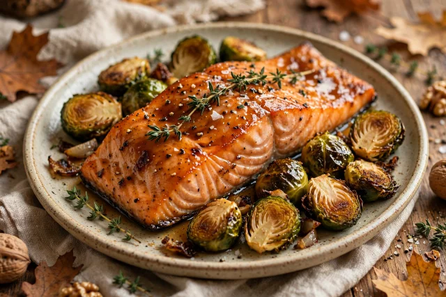 Roast salmon dinner with maple glaze and sprouts