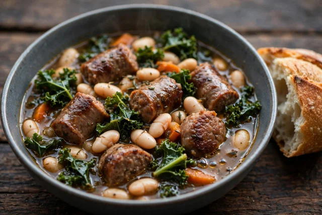 Sausage and white bean stew dinner with kale