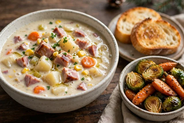 Ham and potato chowder lunch with bread