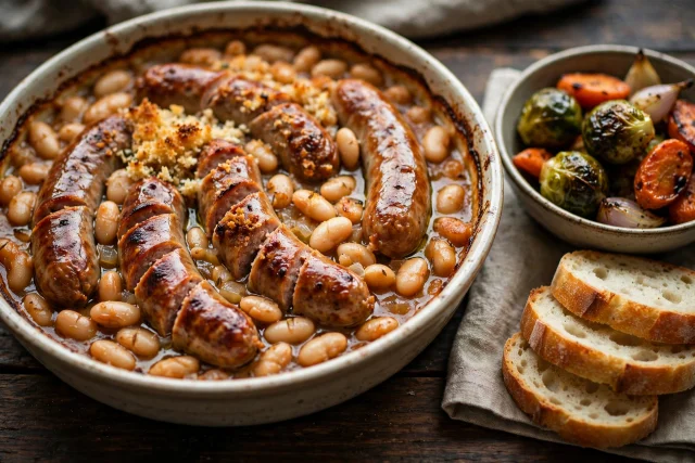 Sausage and white bean cassoulet dinner with bread