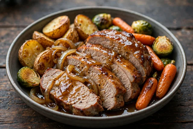 Apple cider glazed pork roast dinner, a budget Christmas dinner centerpiece