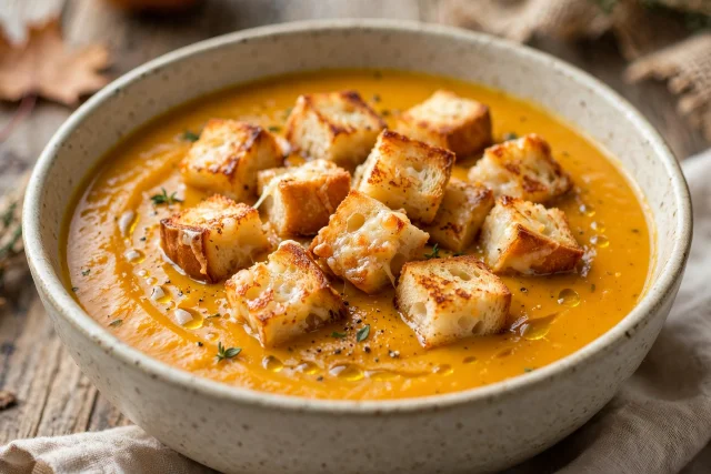 Butternut soup lunch with grilled cheese croutons