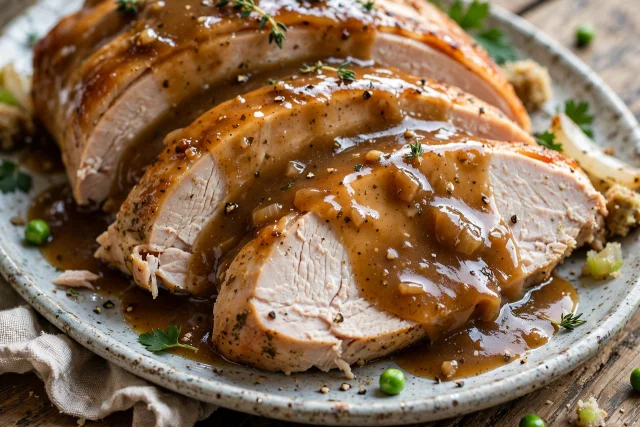 Roast turkey breast dinner with pan gravy