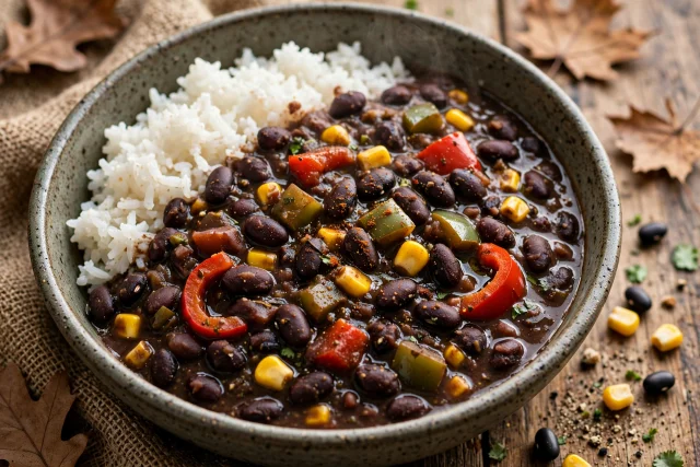 Smoky black bean stew lunch with peppers