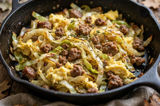 Cabbage and egg skillet dinner with sausage